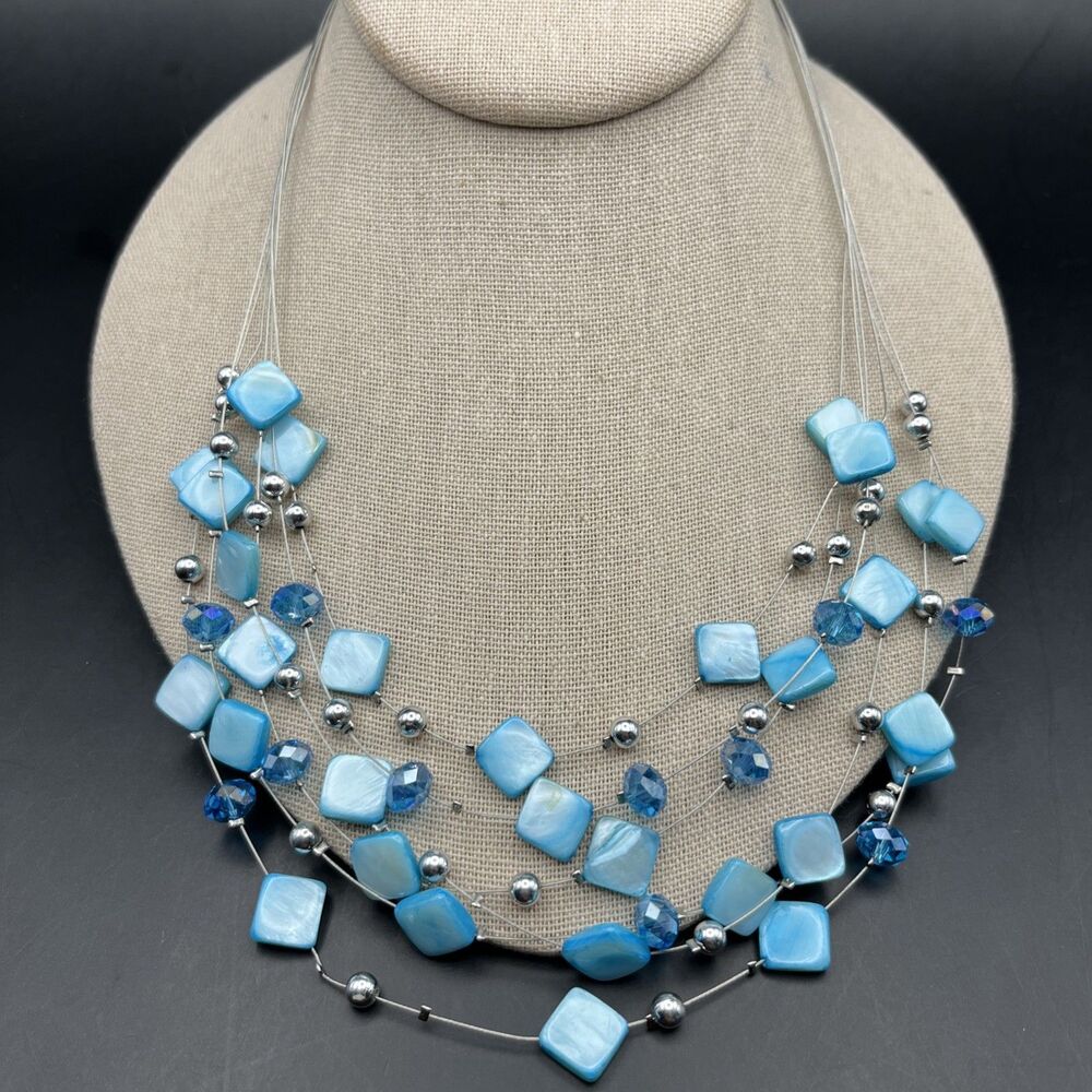 Blue Mother of Pearl Shell Floating Necklace Multi Wire Layered Silver Tone Bead